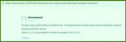 Точка зрения пользователя глобальной сети internet касательно работы ФОРЕКС брокерской компании EXCBC, представленная на сайте otzyvys ru