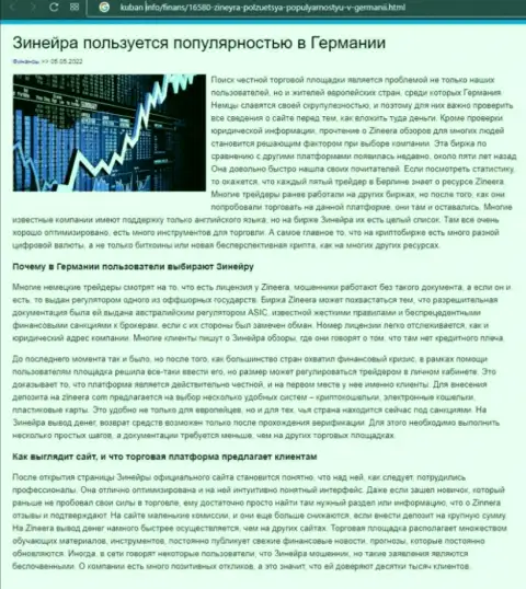 Материал о востребованности дилинговой компании Зиннейра Эксчендж, представленный на информационном портале Кубань Инфо