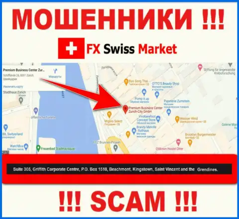 Контора FX-SwissMarket Com указывает на сайте, что расположены они в офшоре, по адресу: Suite 305, Griffith Corporate Centre, P.O. Box 1510,Beachmont Kingstown, Saint Vincent and the Grenadines